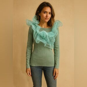 Elegant Mint Green Ruffled Women's Sweater